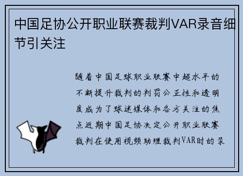 中国足协公开职业联赛裁判VAR录音细节引关注 中国足协公开职业联赛裁判VAR录音细节引关注